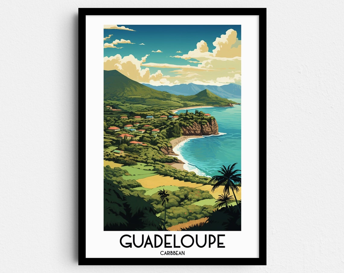 Guadeloupe Caribbean Tropical Coast Cliffs Vintage Travel Poster