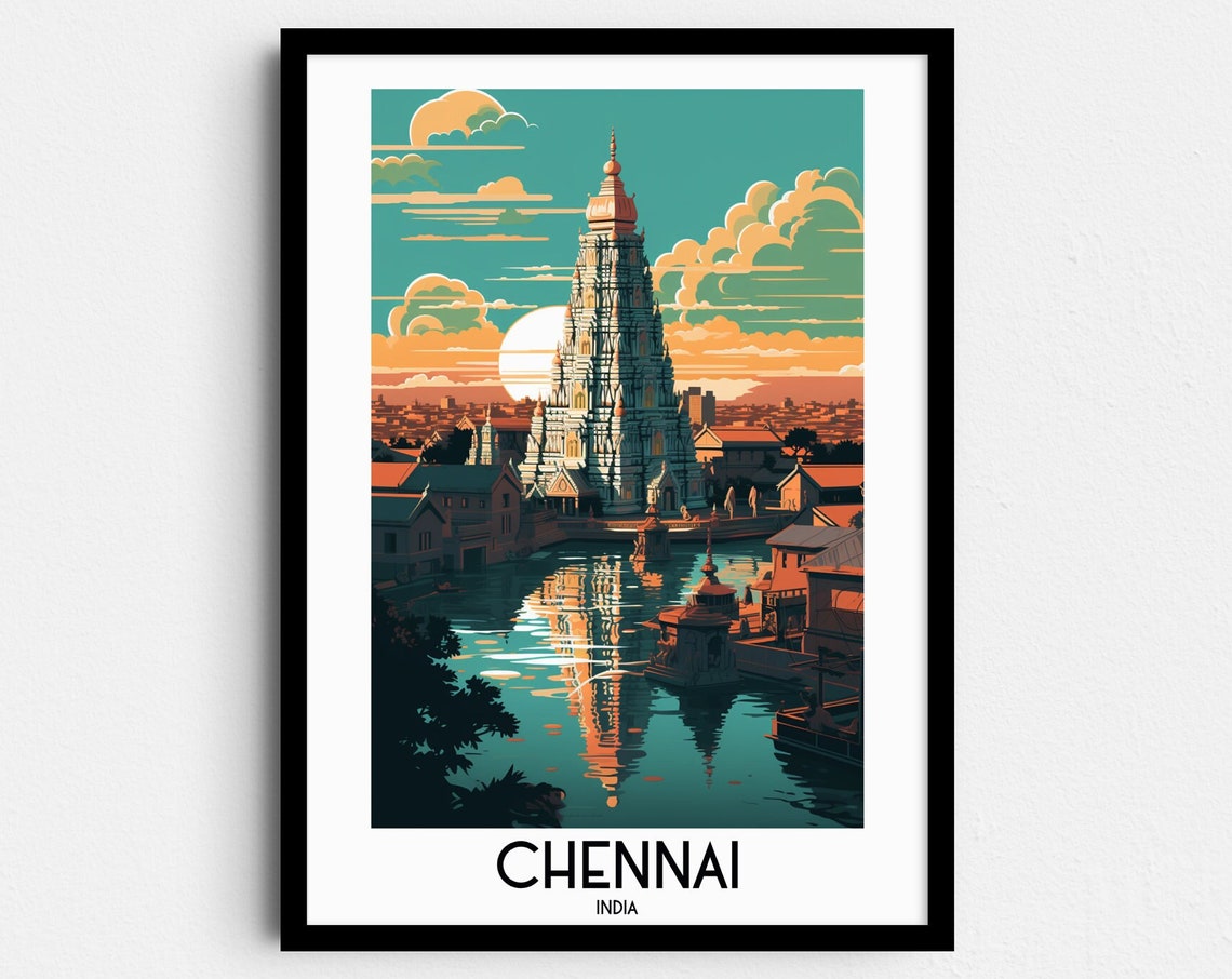 Chennai India Temple Tower Sunset Water Reflection Travel Poster