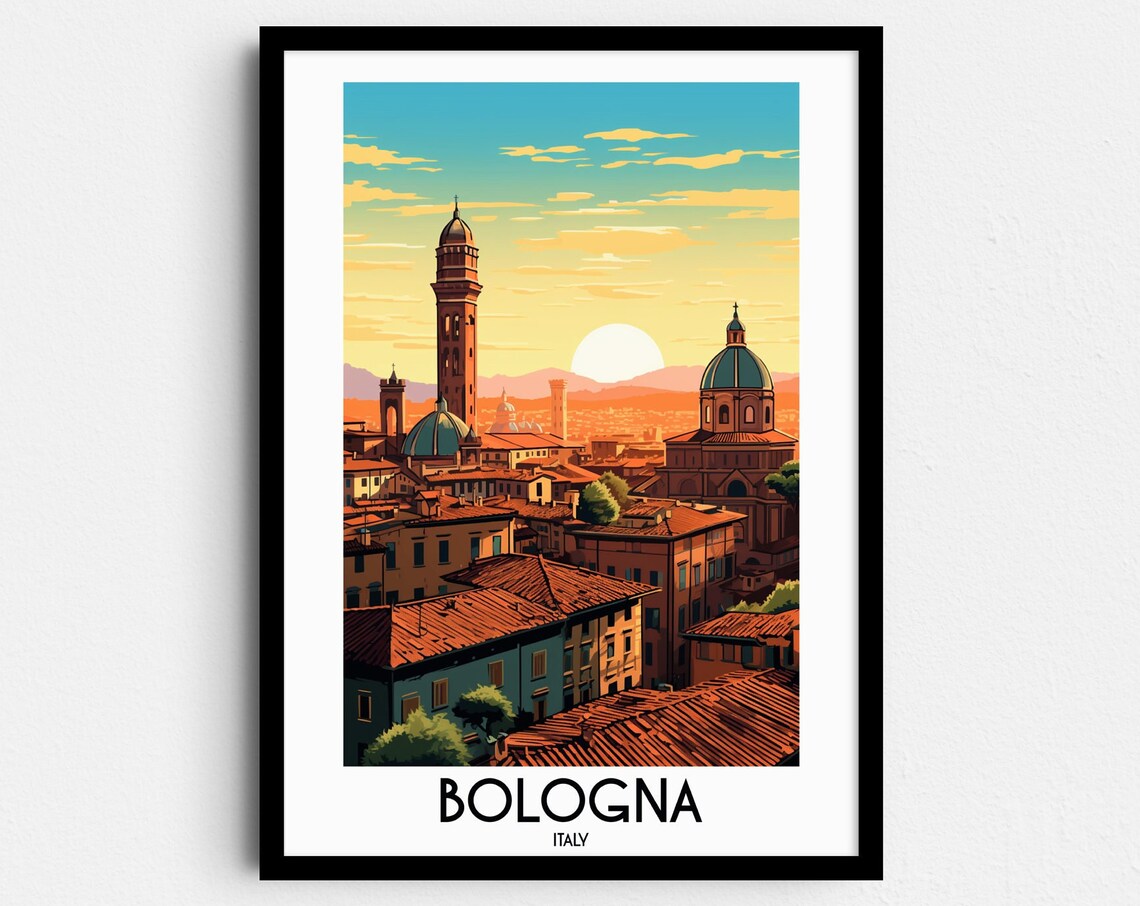 Bologna Italy Sunset Cityscape Medieval Towers Vintage Travel Poster