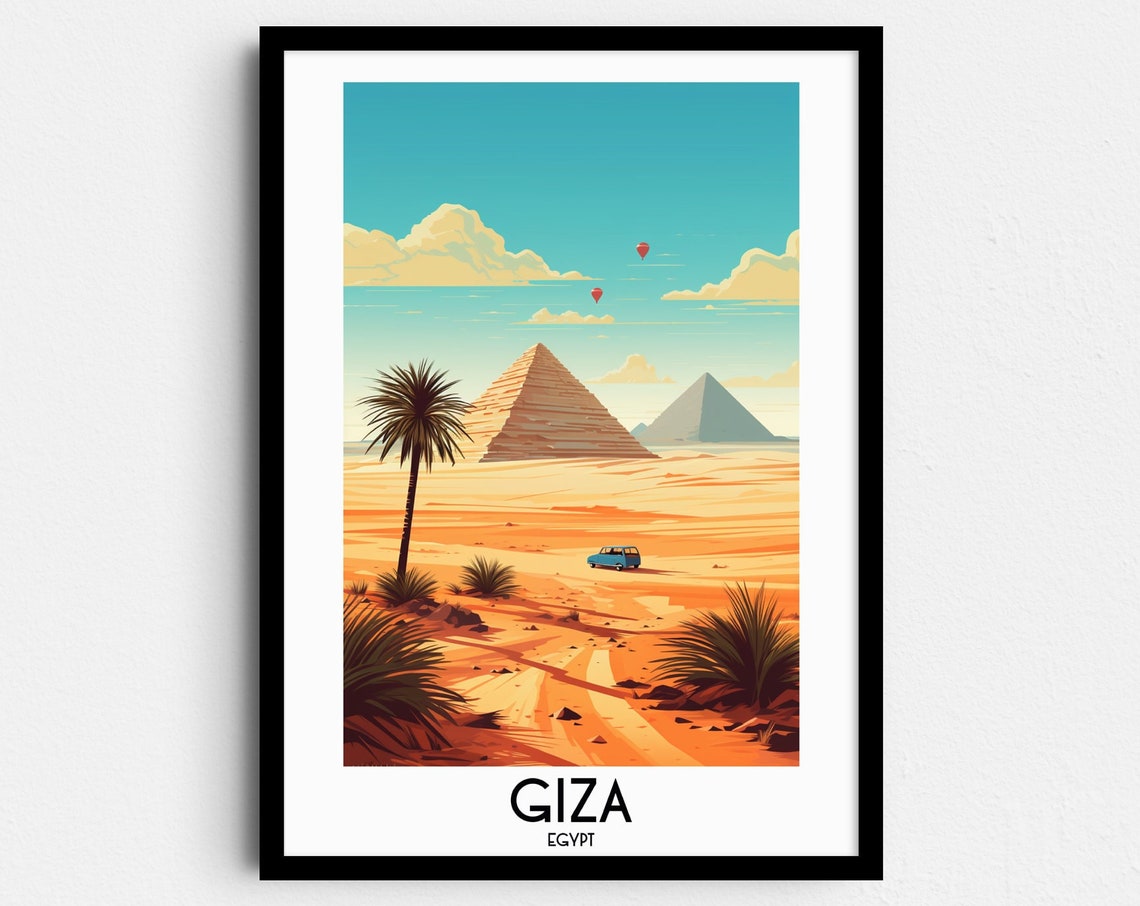 Giza Egypt Pyramids with Palm Tree and Desert Road Travel Poster
