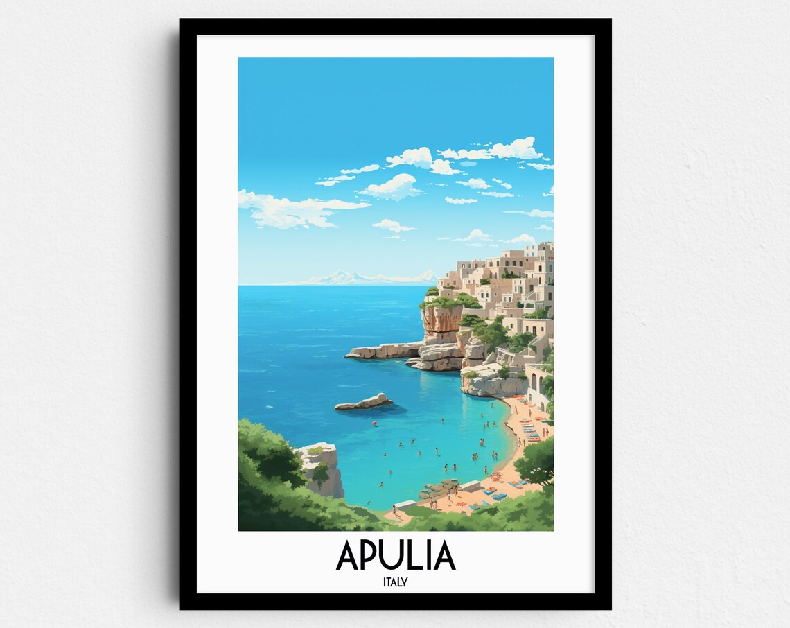 Apulia Italy Cliffside Coastal Town Azure Sea Retro Travel Poster