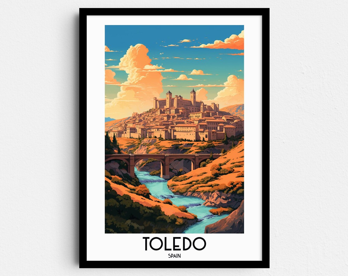 Toledo Spain River Gorge Stone Bridge Alcazar Fortress Travel Poster