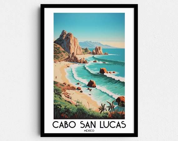 Cabo San Lucas Mexico Rocky Cove Turquoise Waves Beach Travel Poster