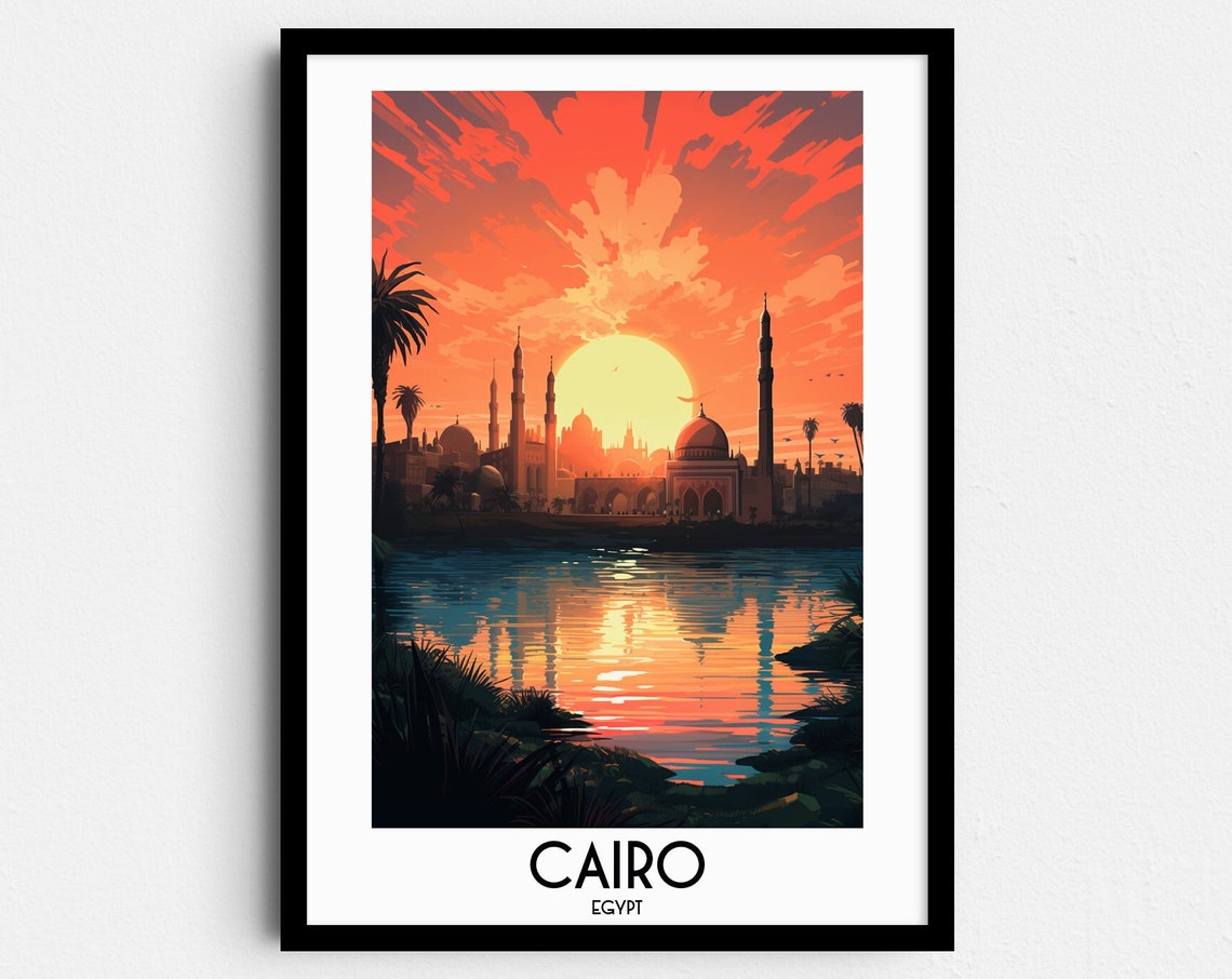 Cairo Egypt Mosque Skyline Sunset River Reflection Travel Poster