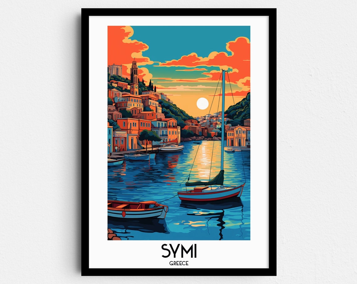 Symi Greece Harbor Sunset Sailboats Hillside Retro Travel Poster