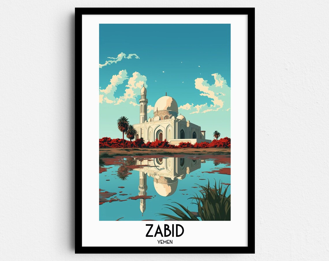 Zabid Yemen White Mosque Reflected in Water Historic Travel Poster