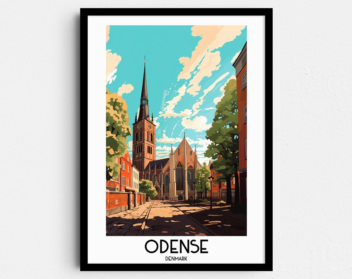 Odense Denmark Historic Cathedral Tower Sunny Old Town Travel Poster