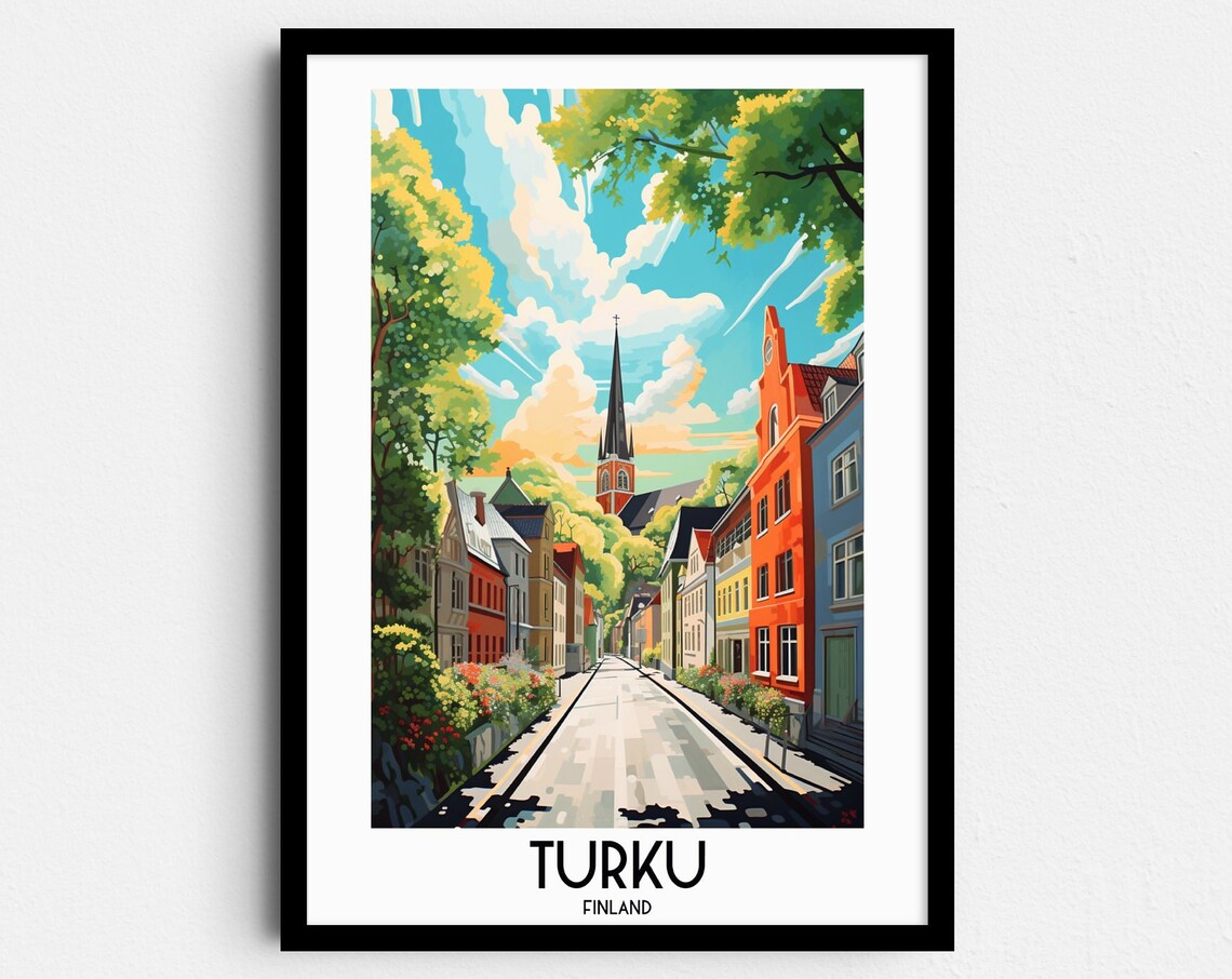 Turku Finland Historic Old Town Street Church Spire Travel Poster