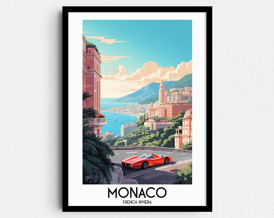 Monaco Harbor View Red Sports Car French Riviera Vintage Travel Poster