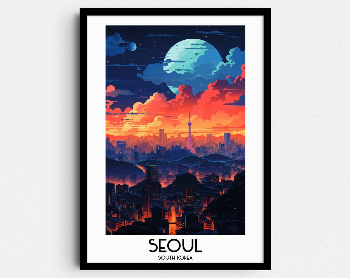 Seoul South Korea Night City Moonlit Skyline Vintage Travel Poster