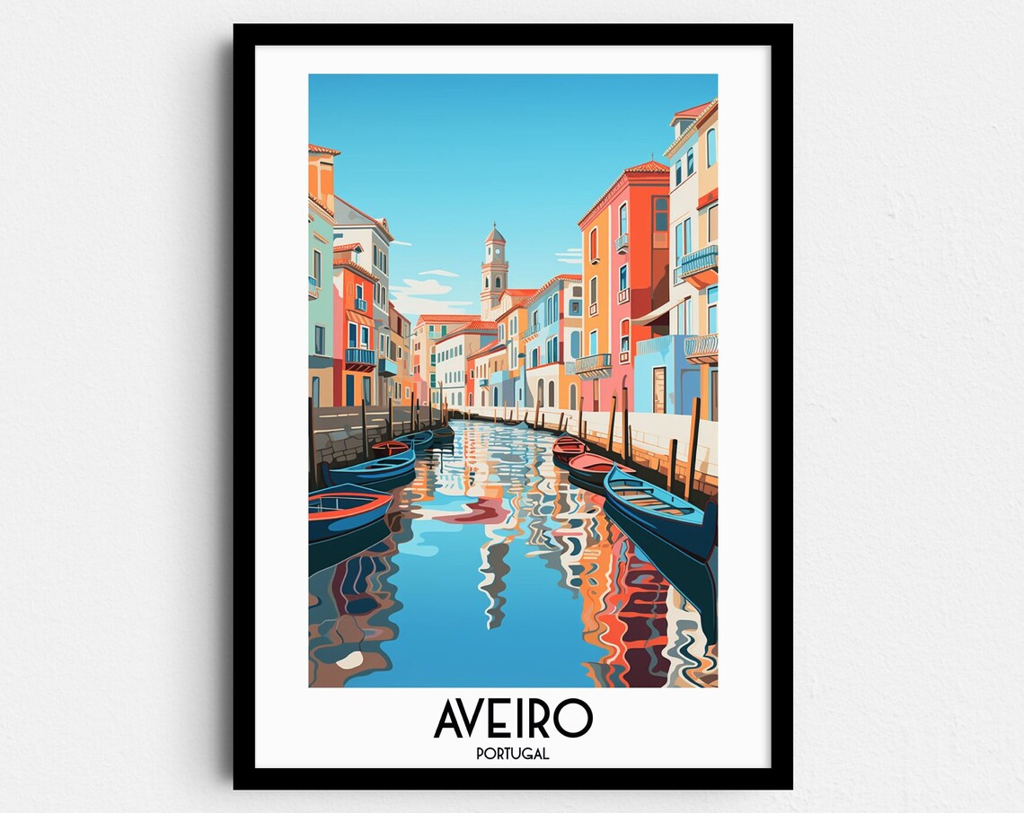 Aveiro Portugal Canal Colorful Houses Boats Retro Travel Poster