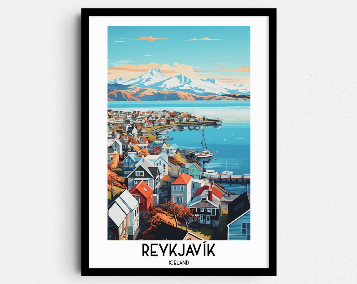 Reykjavík Iceland Harbor Town Snowy Mountain Retro Travel Poster