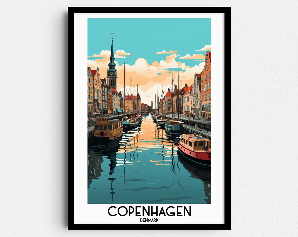 Copenhagen Denmark Canal Boats Golden Hour Vintage Travel Poster