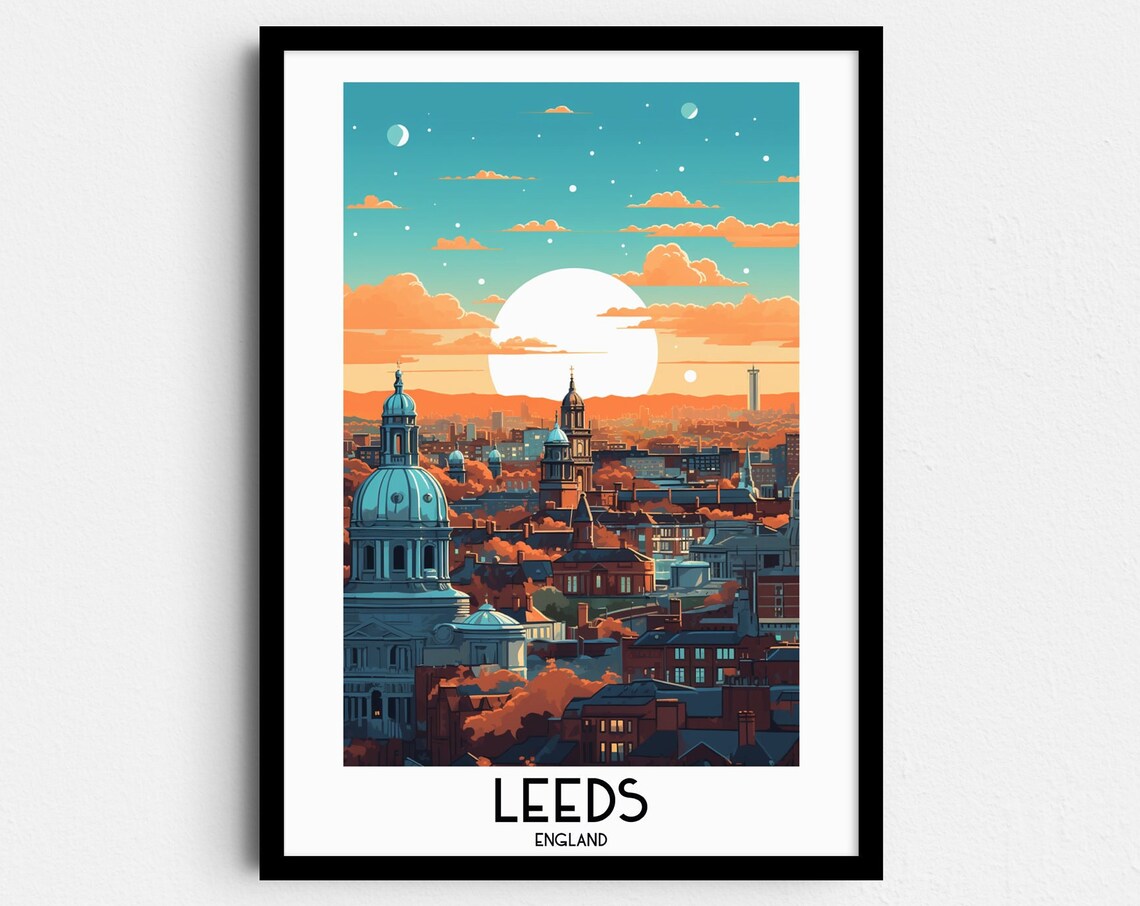 Leeds England City Skyline Sunset Dome Cathedral Travel Poster
