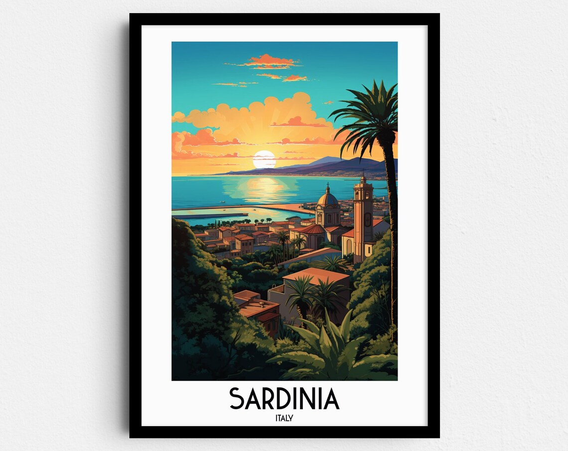 Sardinia Italy Sunset Coast Church Tower Vintage Travel Art Poster