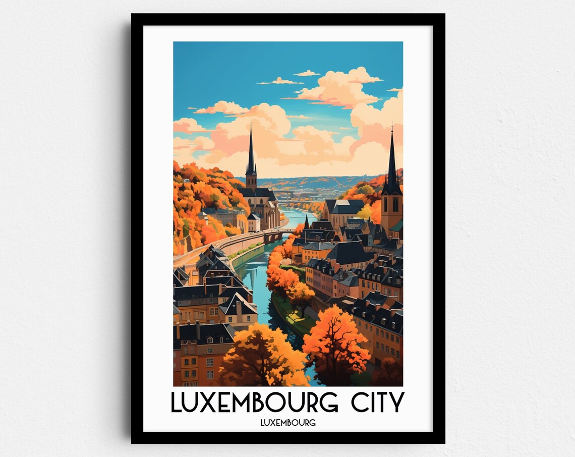 Luxembourg City Autumn River Valley Churches Vintage Travel Poster