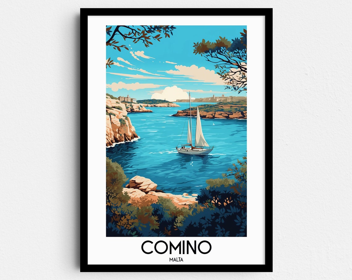 Comino Sailboat Turquoise Bay Limestone Cliffs Malta Travel Poster