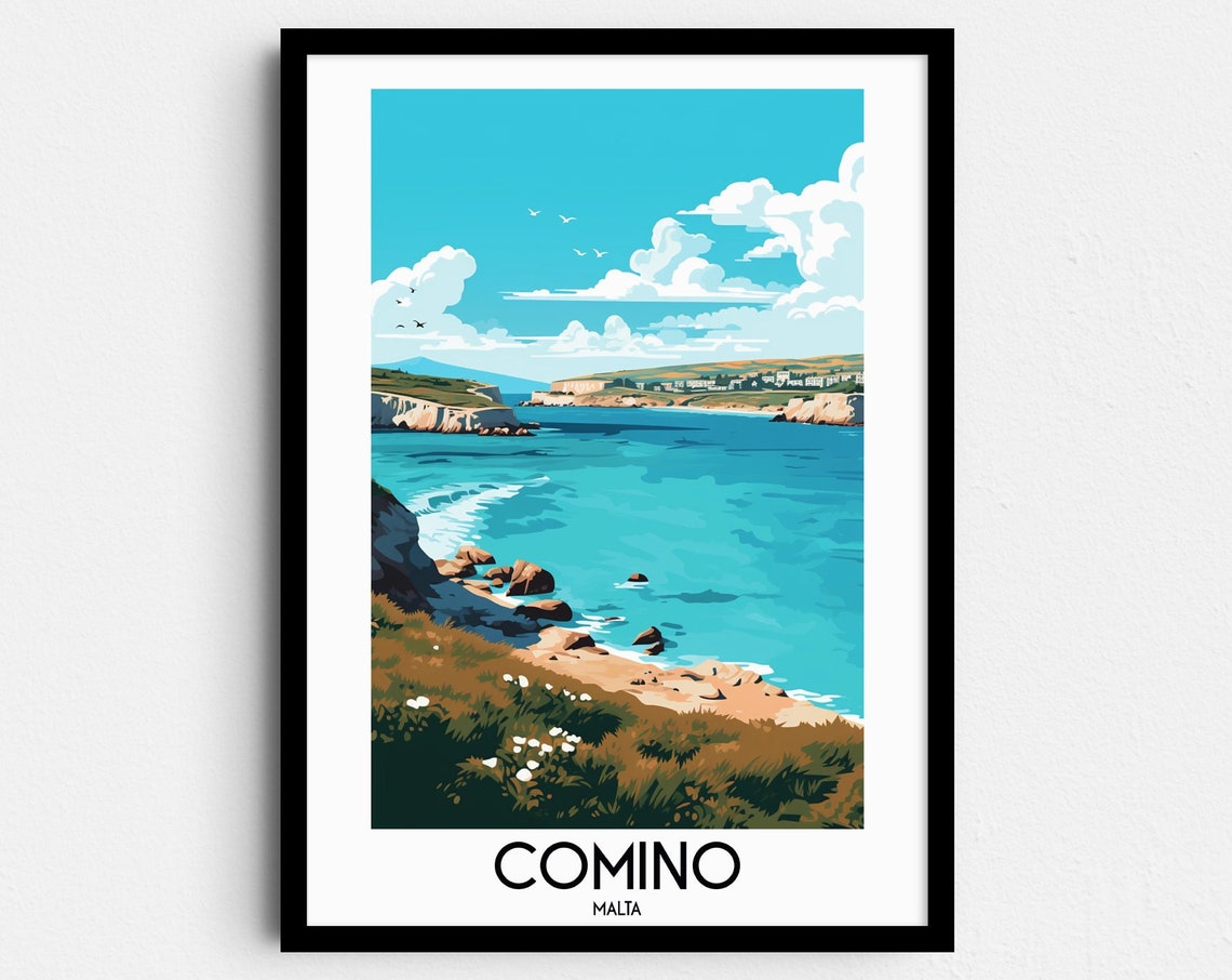 Comino Turquoise Bay Rocky Cliffs Wildflower Shore Malta Travel Poster