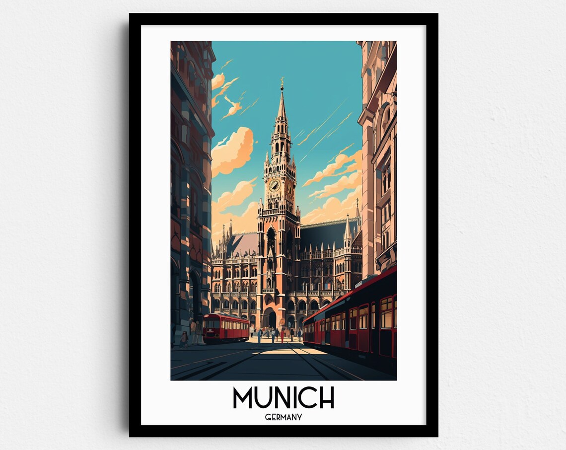 Munich Historic City Hall Tower Red Trams Germany Travel Poster