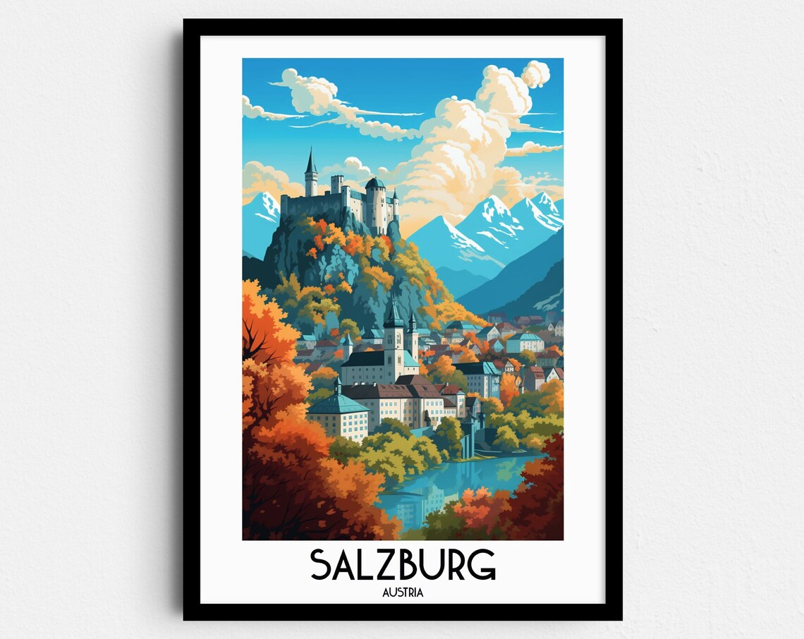 Salzburg Austria Hilltop Castle Autumn Valley Alpine Travel Poster