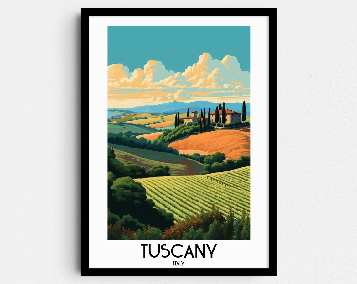Tuscany Italy Rolling Vineyard Hills Villa Vintage Travel Poster