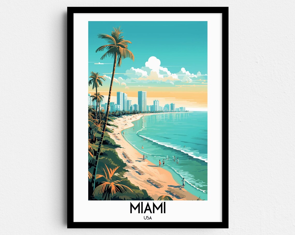 Miami USA Bright Sunny Palm Beach City Skyline Travel Art Poster