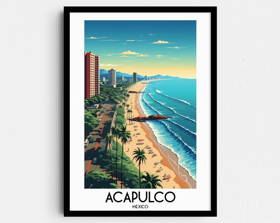 Acapulco Mexico Beach Boulevard Palm Trees Ocean Waves Travel Poster