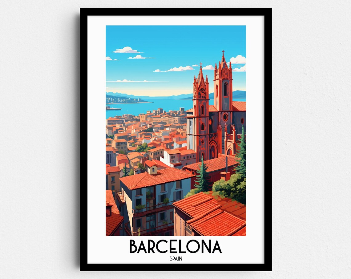 Barcelona Spain Twin Church Towers City View Vintage Travel Poster