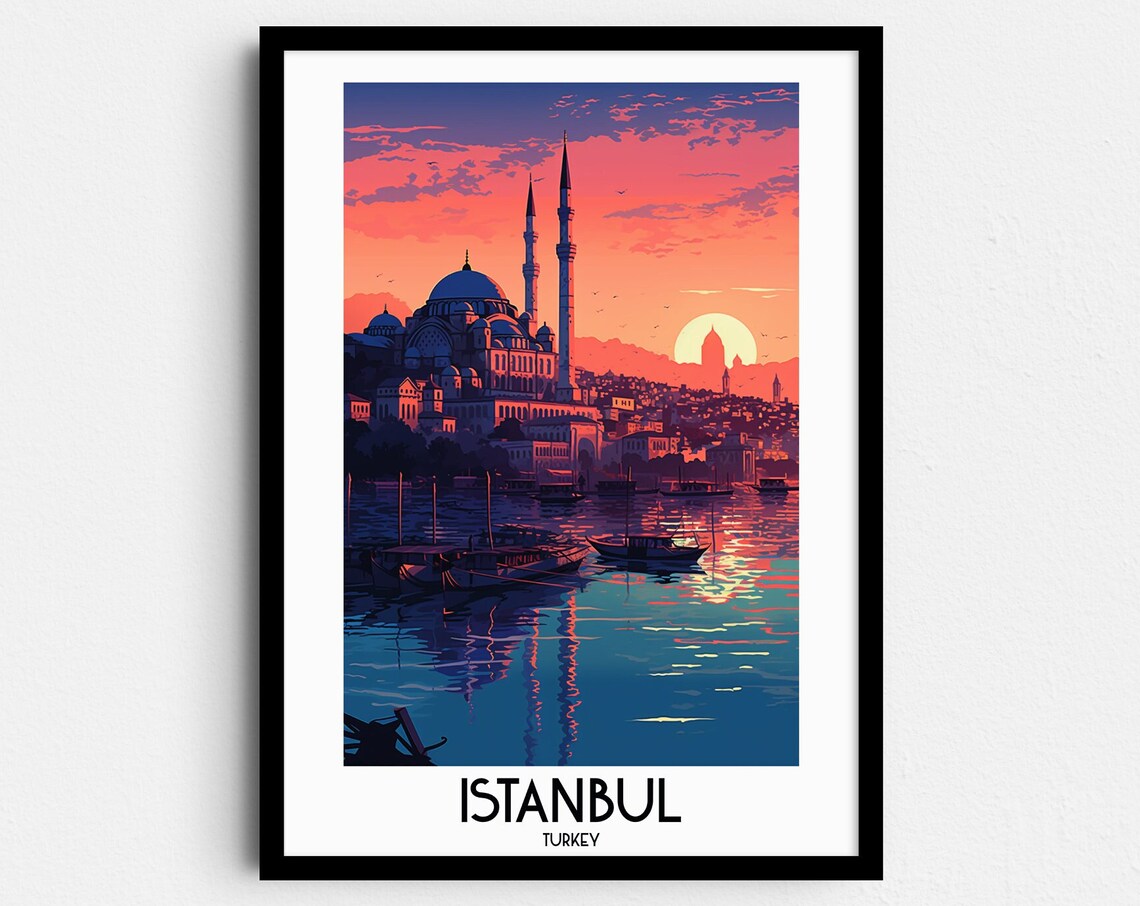 Istanbul Turkey Mosque Waterfront Sunset Glow Vintage Travel Poster