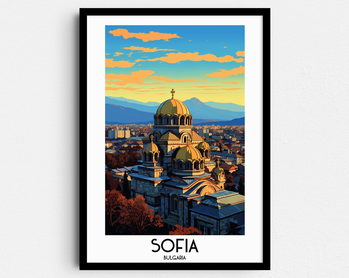 Sofia Cathedral Golden Domes Sunset City View Bulgaria Travel Poster