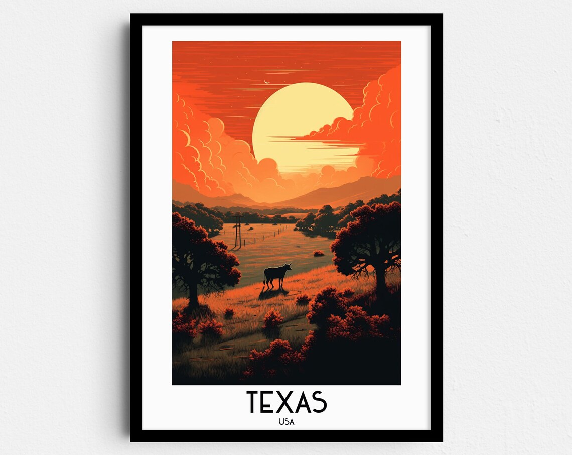 Texas USA Longhorn Sunset Giant Sun Western Vintage Travel Poster