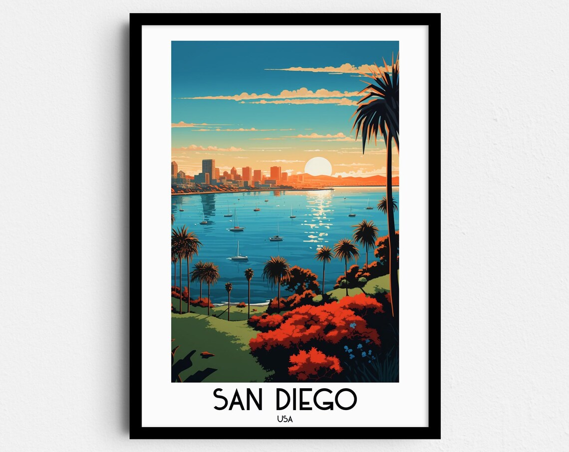 San Diego USA Sunset Bay Palm Trees Retro Vintage Travel Poster