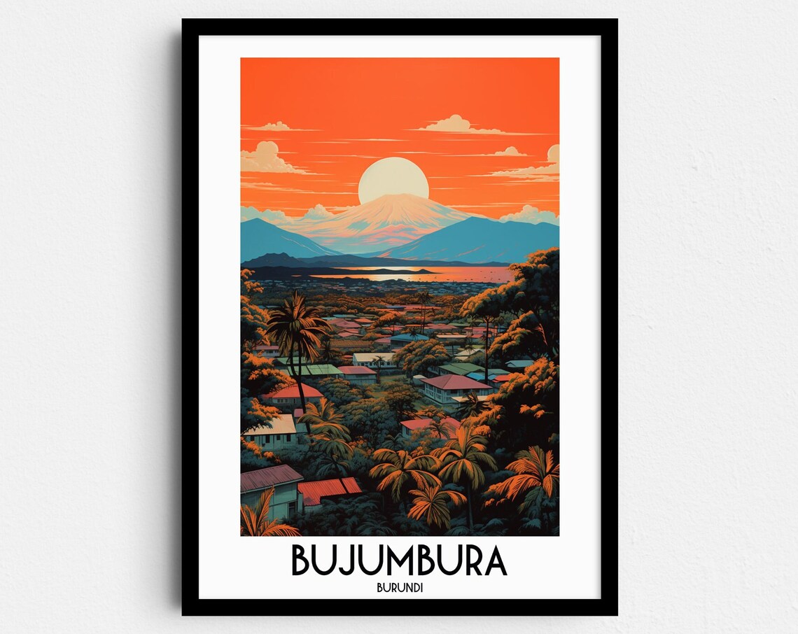 Bujumbura Sunset Cityscape Lake Mountains Burundi Vintage Poster
