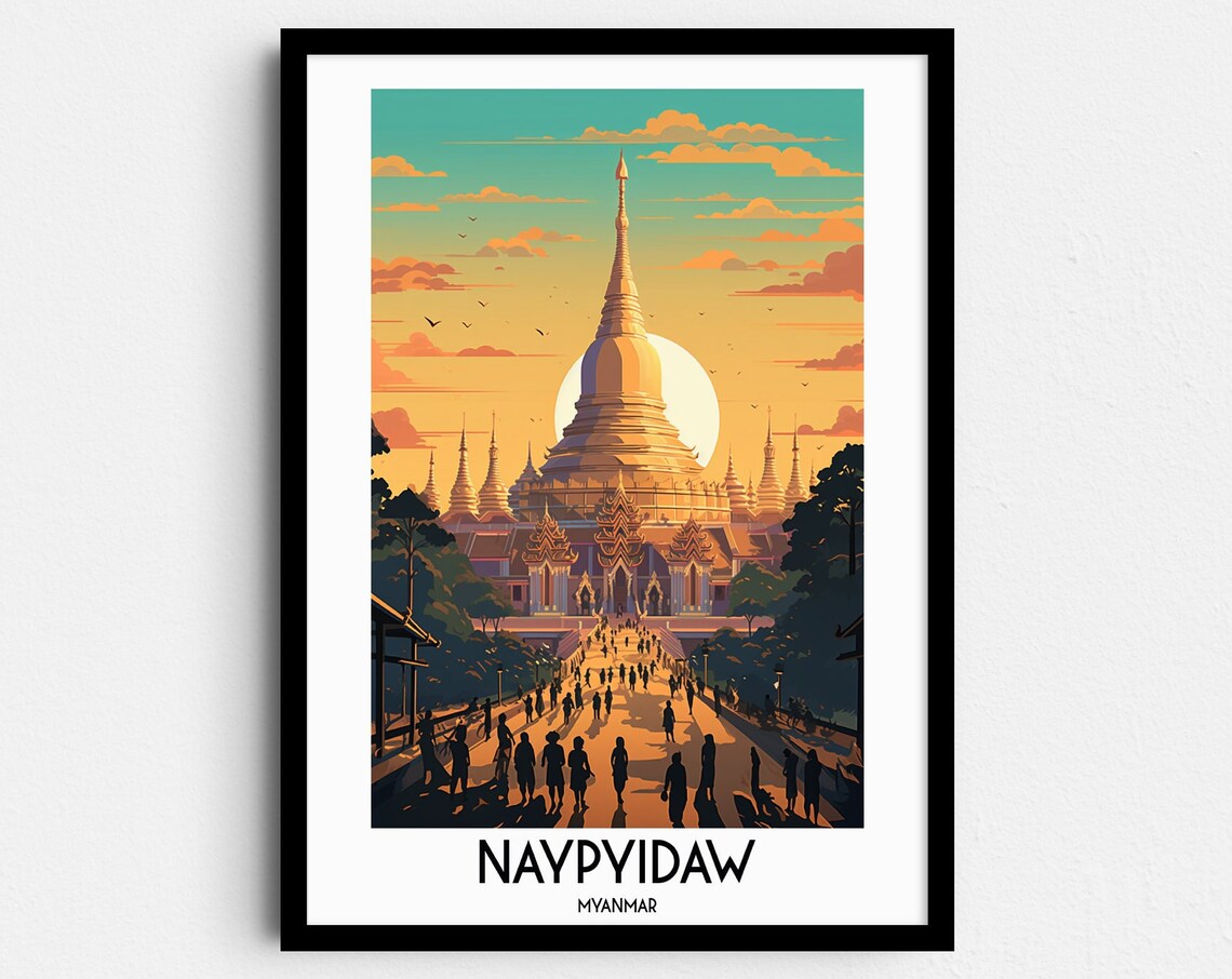 Naypyidaw Myanmar Golden Pagoda Sunset Skyline Travel Poster