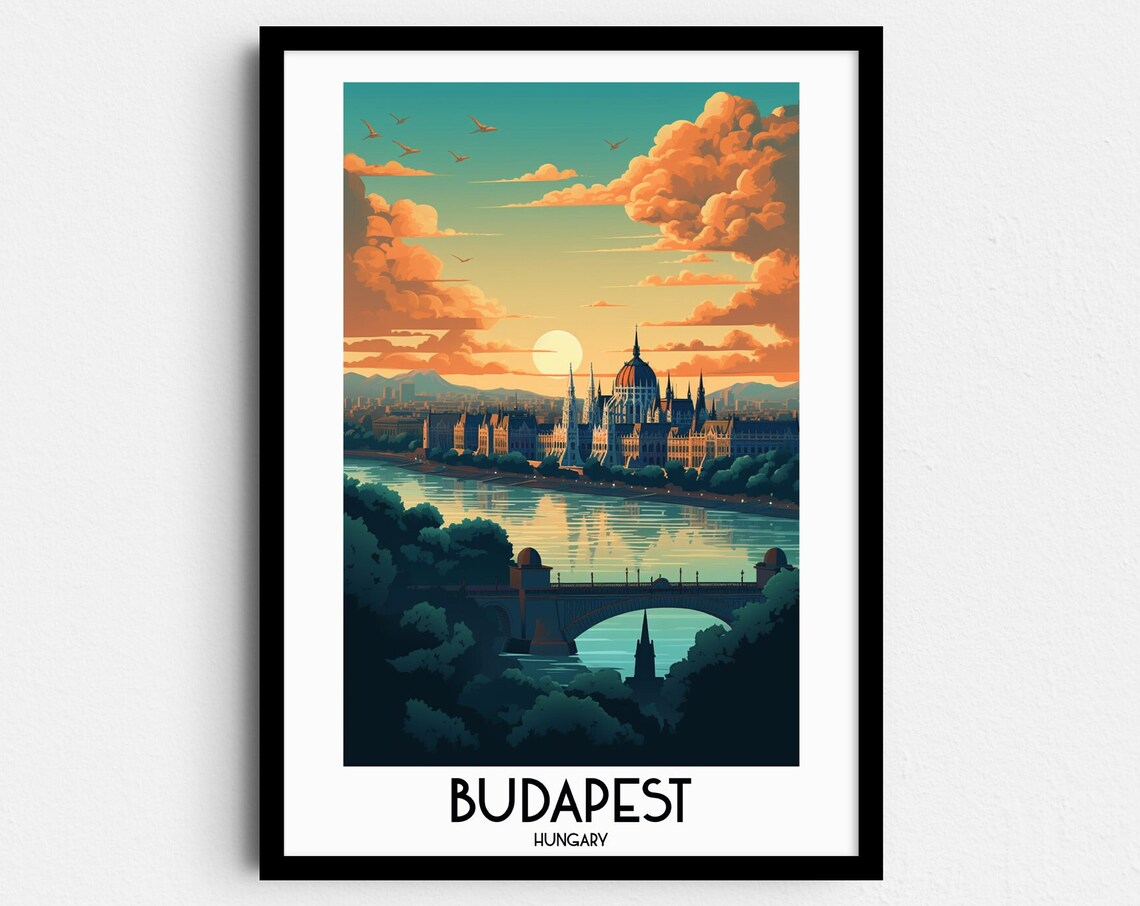 Budapest Hungary Parliament Sunset Over the Danube Travel Poster