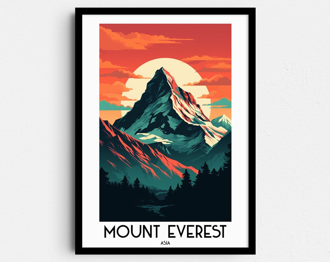 Mount Everest Asia Snow Peak Giant Sun Vintage Travel Art Poster