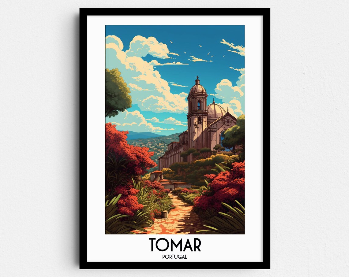 Tomar Portugal Church Gardens Red Flowers Hillside Travel Poster