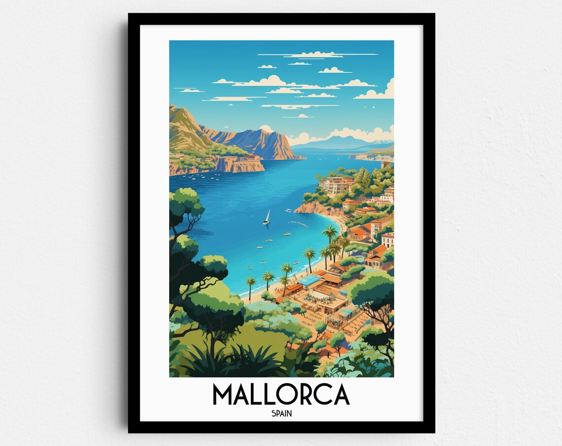 Mallorca Spain Turquoise Bay Mountain Coast Vintage Travel Art Poster