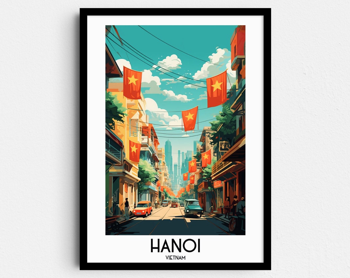 Hanoi Vietnam Flag-Lined Old Street Bustling City Scene Travel Poster