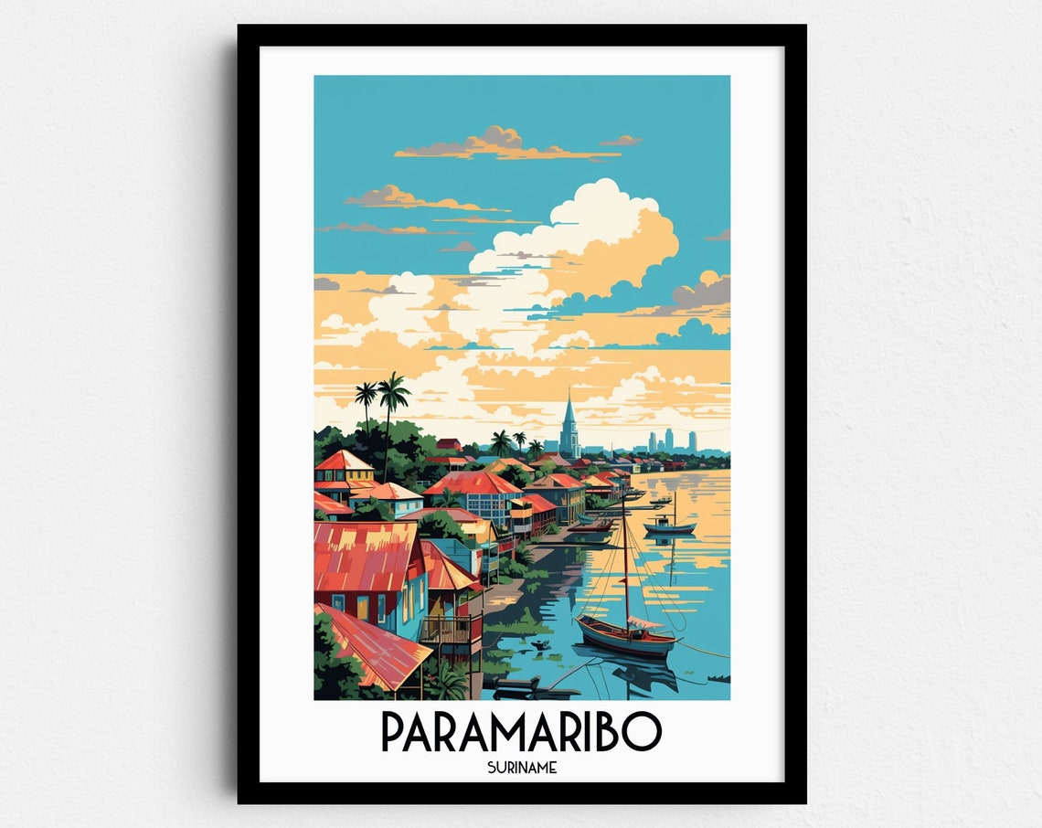 Paramaribo Suriname Riverside Harbor Boats Colonial Houses Sky Poster