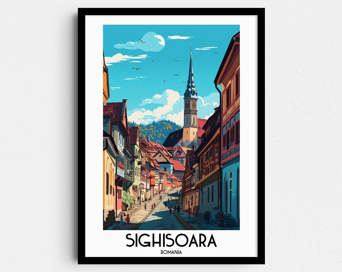 Sighisoara Romania Medieval Street Clock Tower Old Town Travel Poster