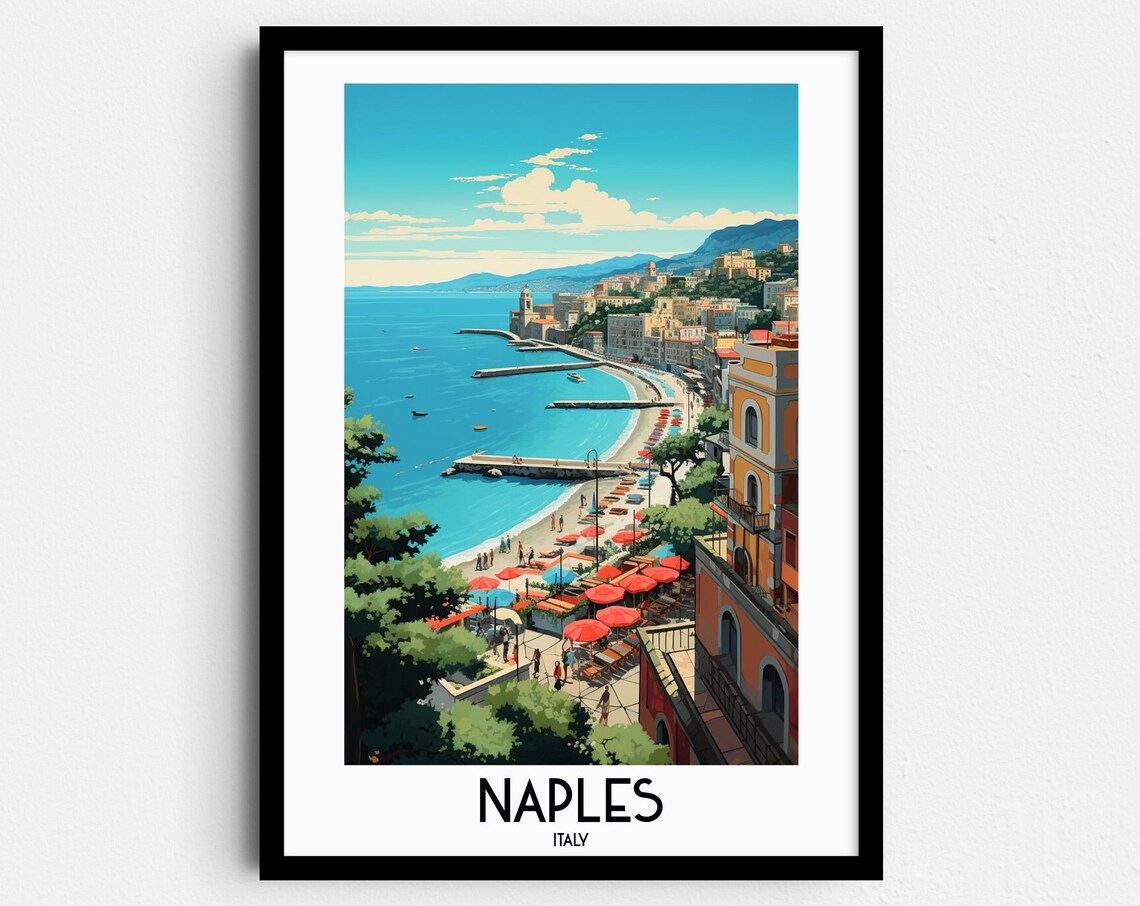 Naples Italy Sunny Beach Umbrellas Curved Bay Travel Art Poster