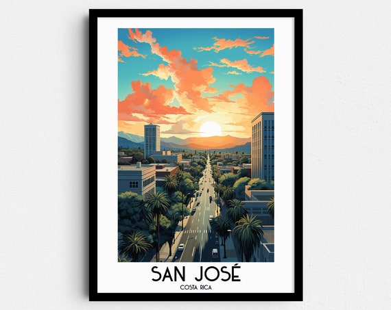 San Jose Costa Rica Palm Lined Boulevard at Sunset Travel Poster
