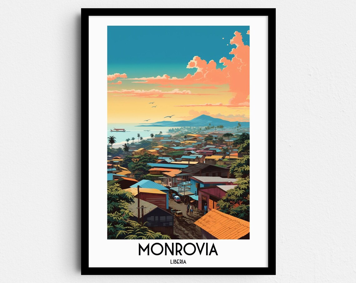 Monrovia Liberia Coastal Capital Cityscape Retro Travel Poster