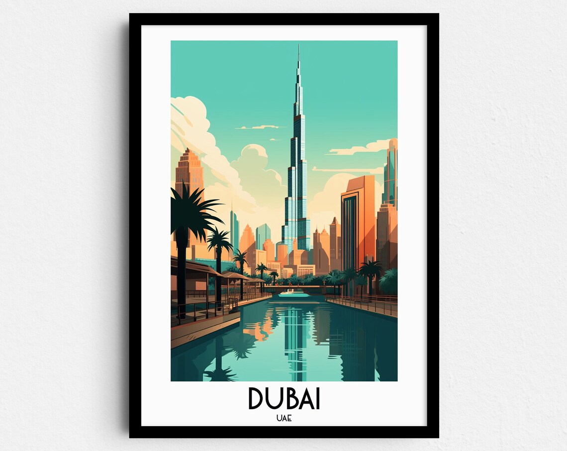 Dubai UAE Burj Khalifa Canal Skyline Vintage Travel Art Poster