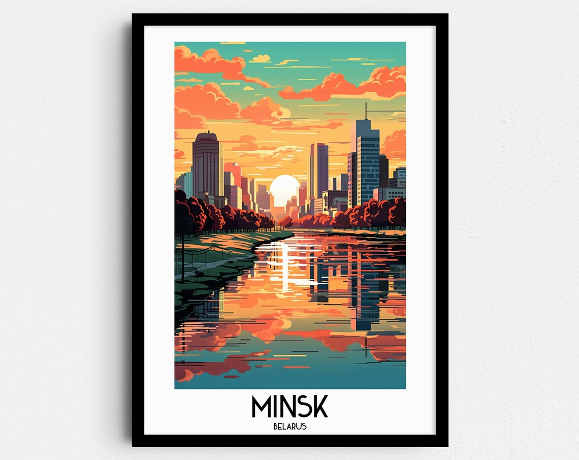 Minsk River Reflection Sunset Skyline Belarus Vintage Travel Poster
