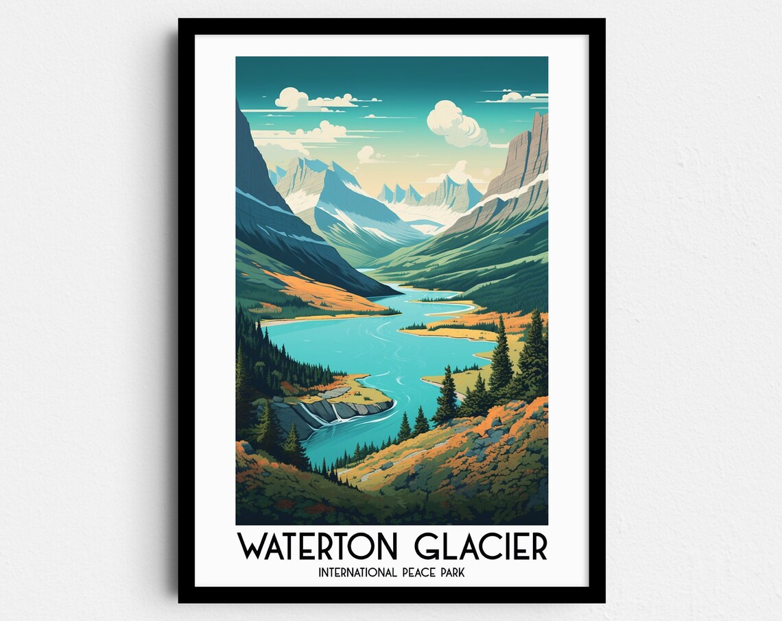 Waterton Glacier International Peace Park Mountain Lake Travel Poster