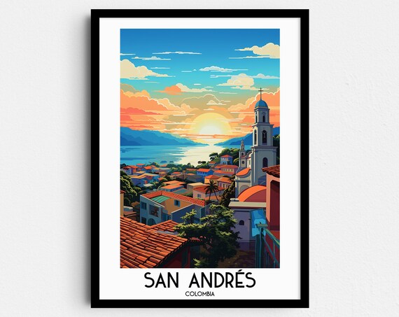 San Andres Colombia Sunset Harbor Town Vintage Travel Art Poster