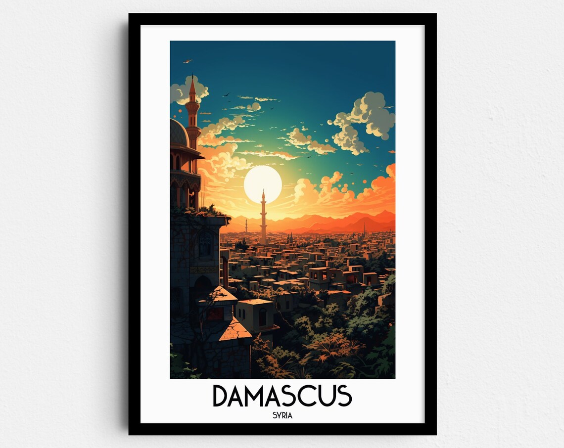 Damascus Syria Golden Sunset Minaret Cityscape Travel Poster