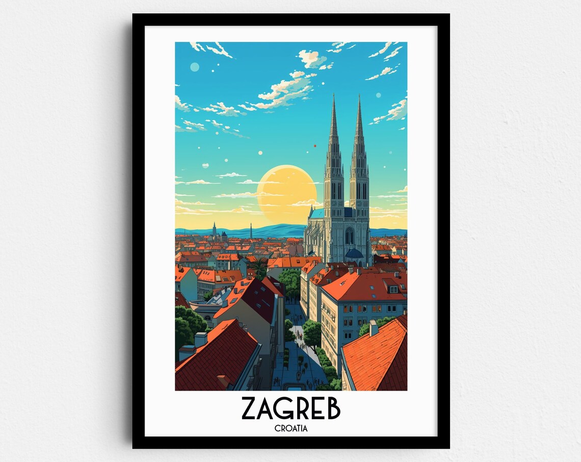 Zagreb Croatia Cathedral Twin Spires at Sunset Travel Poster